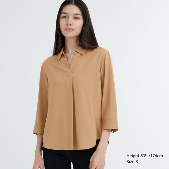 UNIQLO CAMEL RAYON SKIPPER COLLAR BLOUSE /3/4 SLEEVE - Picture 1 of 7